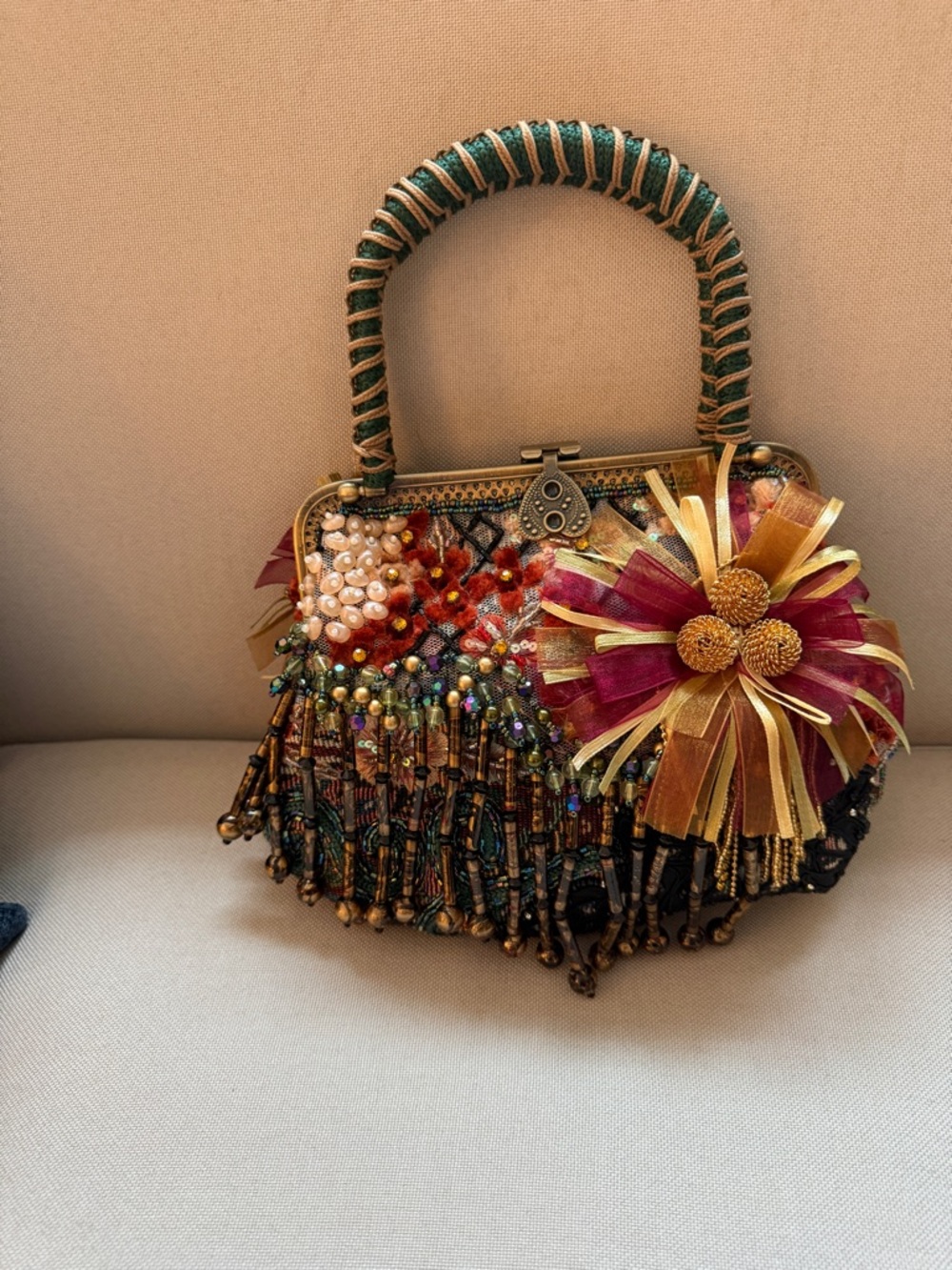 Chico's Burgundy, Gold & Green Embellished Beaded Handbag